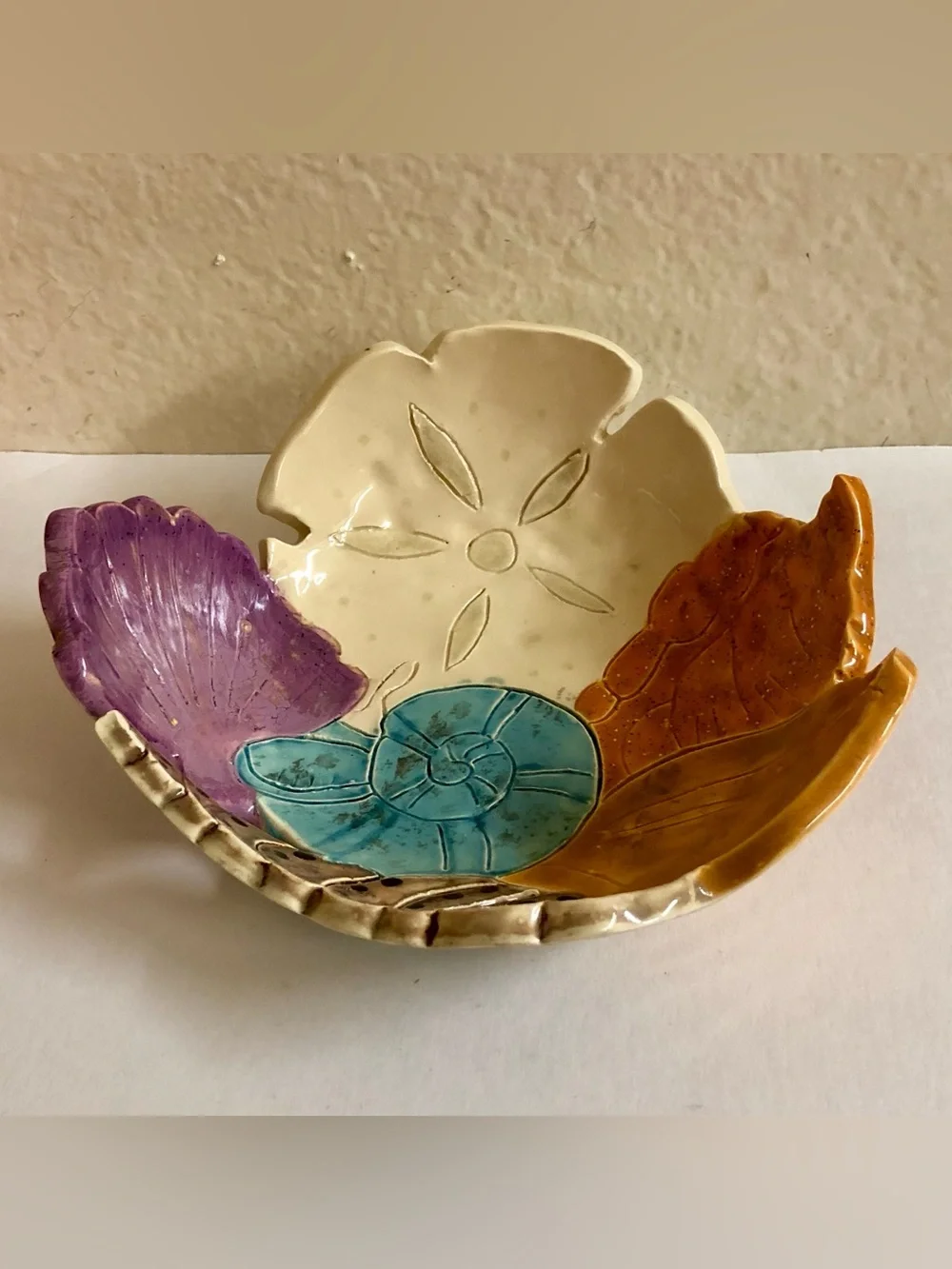Handmade Ceramic Seashell Accent Dish - Multicolor. Signed